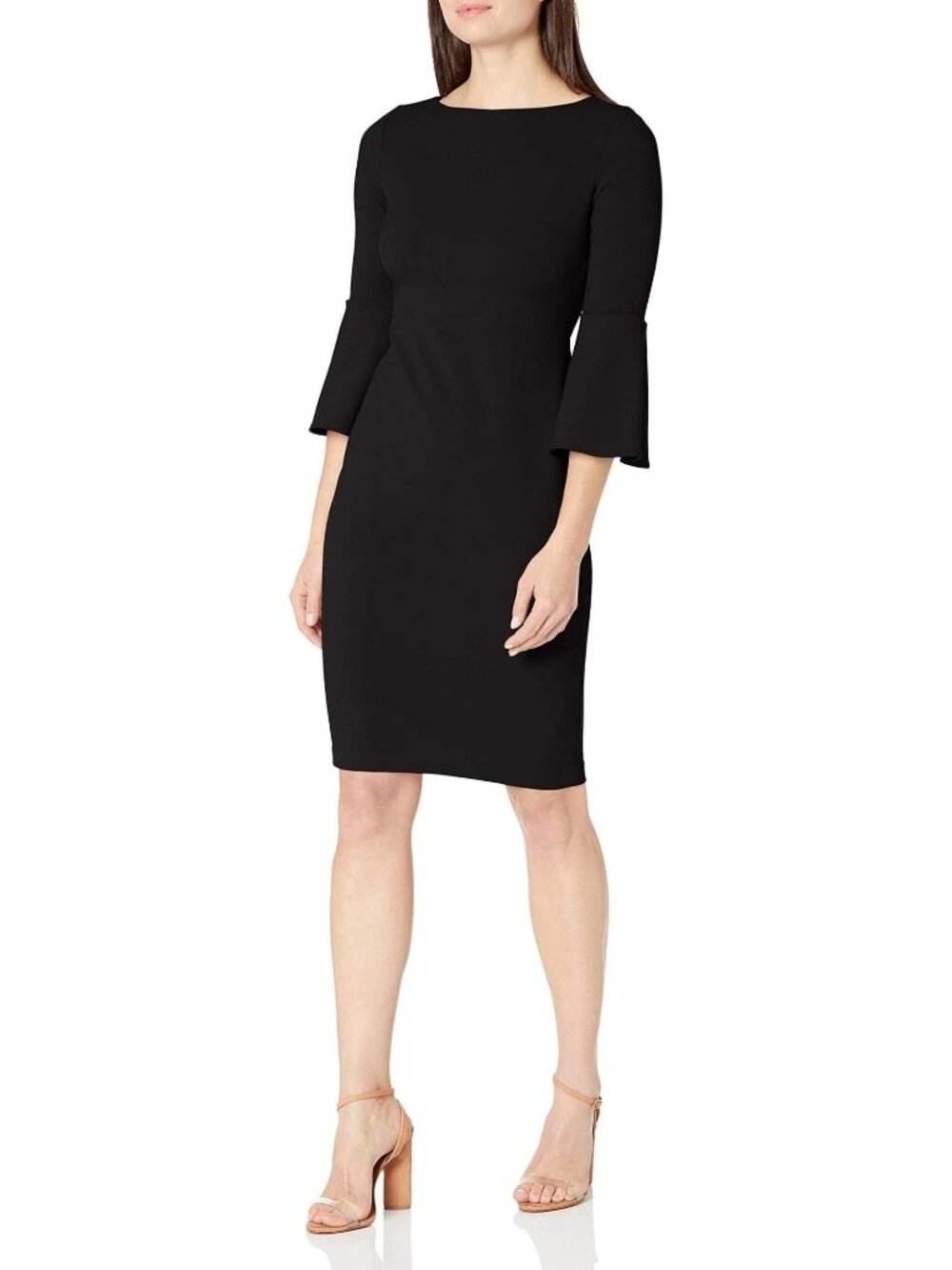 Calvin Klein Sheath Dress Size 10 Black 3/4 Bell Sleeve Gold Back Zipper